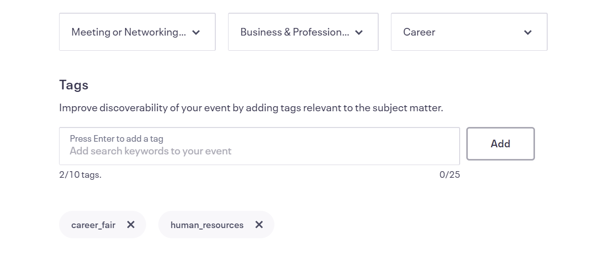 Select Eventbrite event type, category, and tags