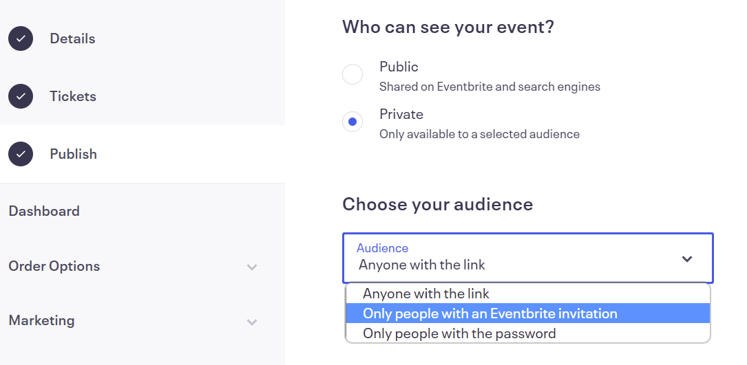 Eventbrite's "Who can see my event?" options.