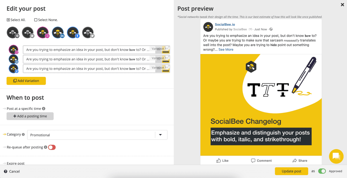 SocialBee Post Editor with variations