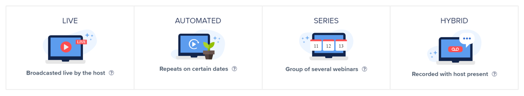 WebinarNinja webinar types: live, automated, series, hybrid